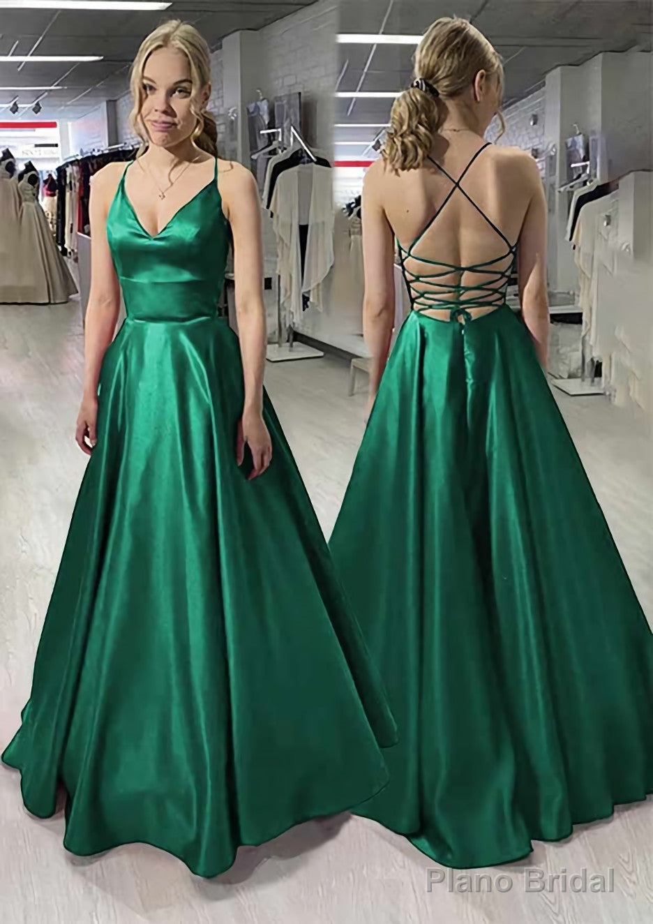 A-line/Princess V Neck Sleeveless Satin Long/Floor-Length Prom Dresses