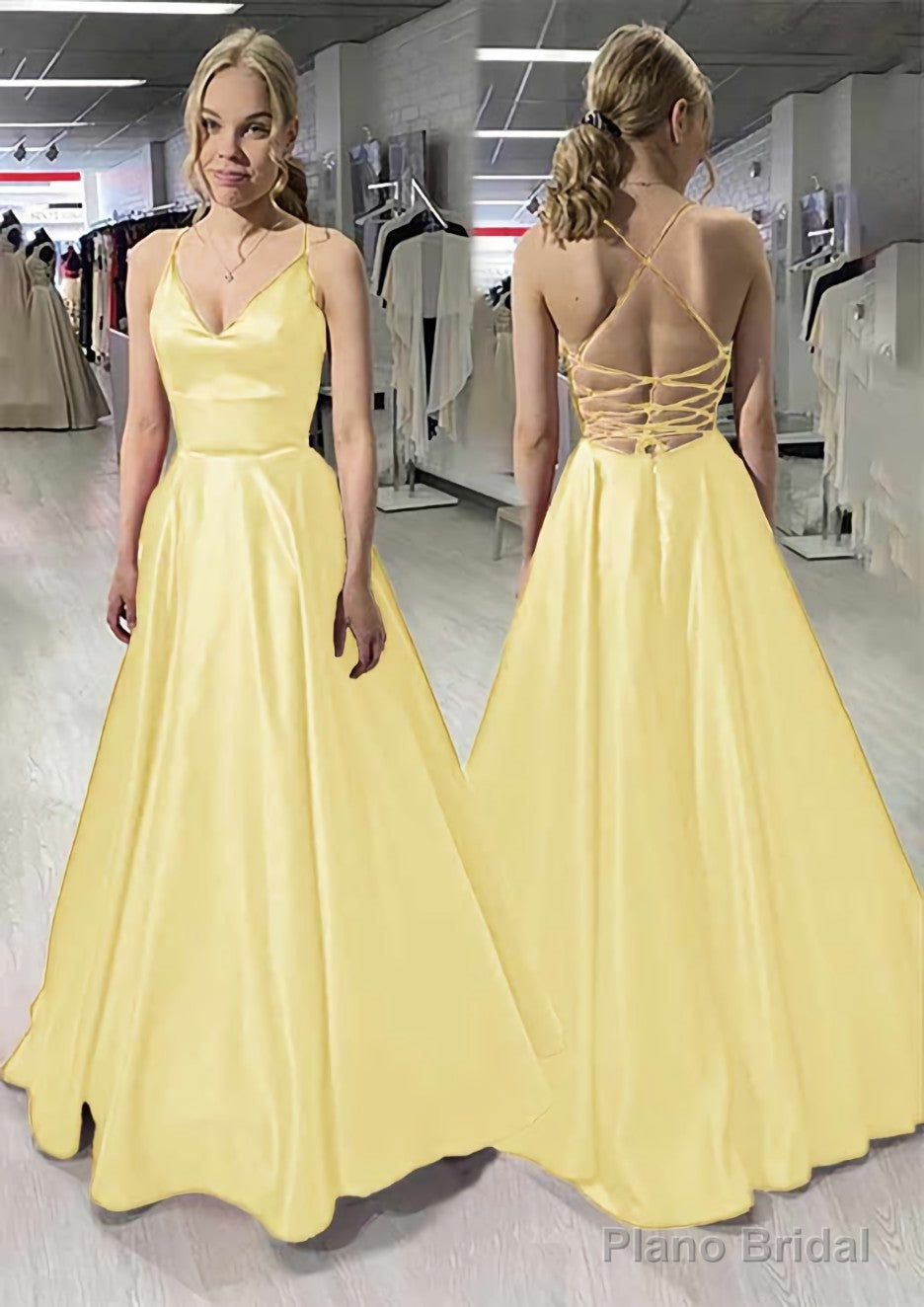 A-line/Princess V Neck Sleeveless Satin Long/Floor-Length Prom Dresses