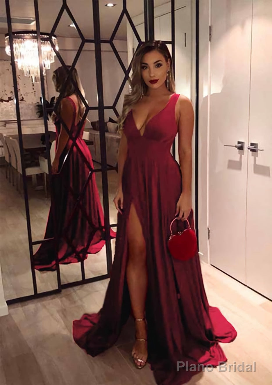 A-line/Princess V Neck Sleeveless Sweep Train Charmeuse Evening Dresses