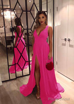 A-line/Princess V Neck Sleeveless Sweep Train Charmeuse Evening Dresses