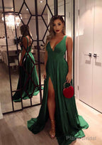 A-line/Princess V Neck Sleeveless Sweep Train Charmeuse Evening Dresses