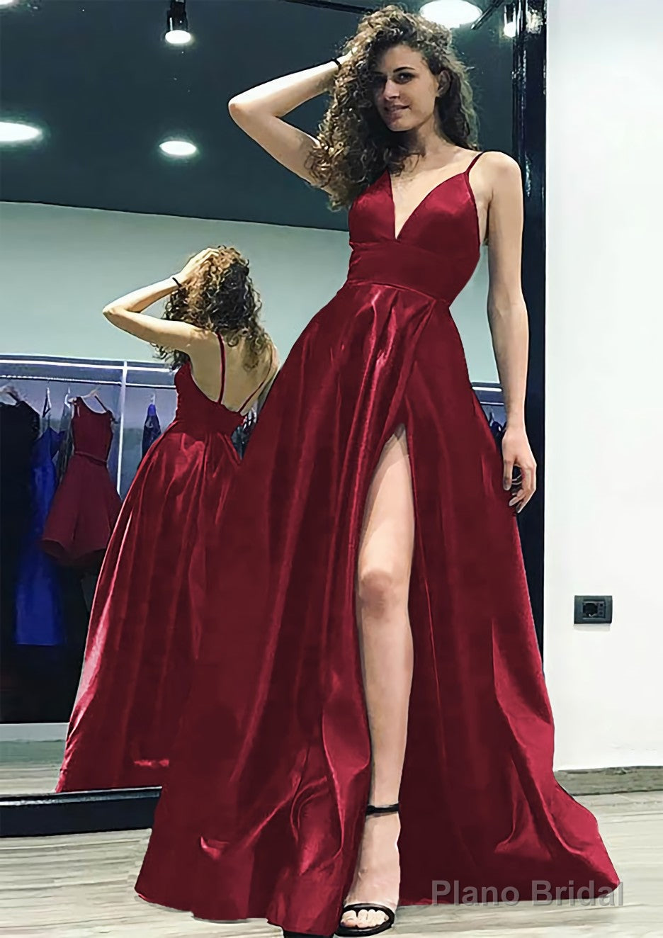 A-line/Princess V Neck Sleeveless Sweep Train Satin Prom Dresses With Split