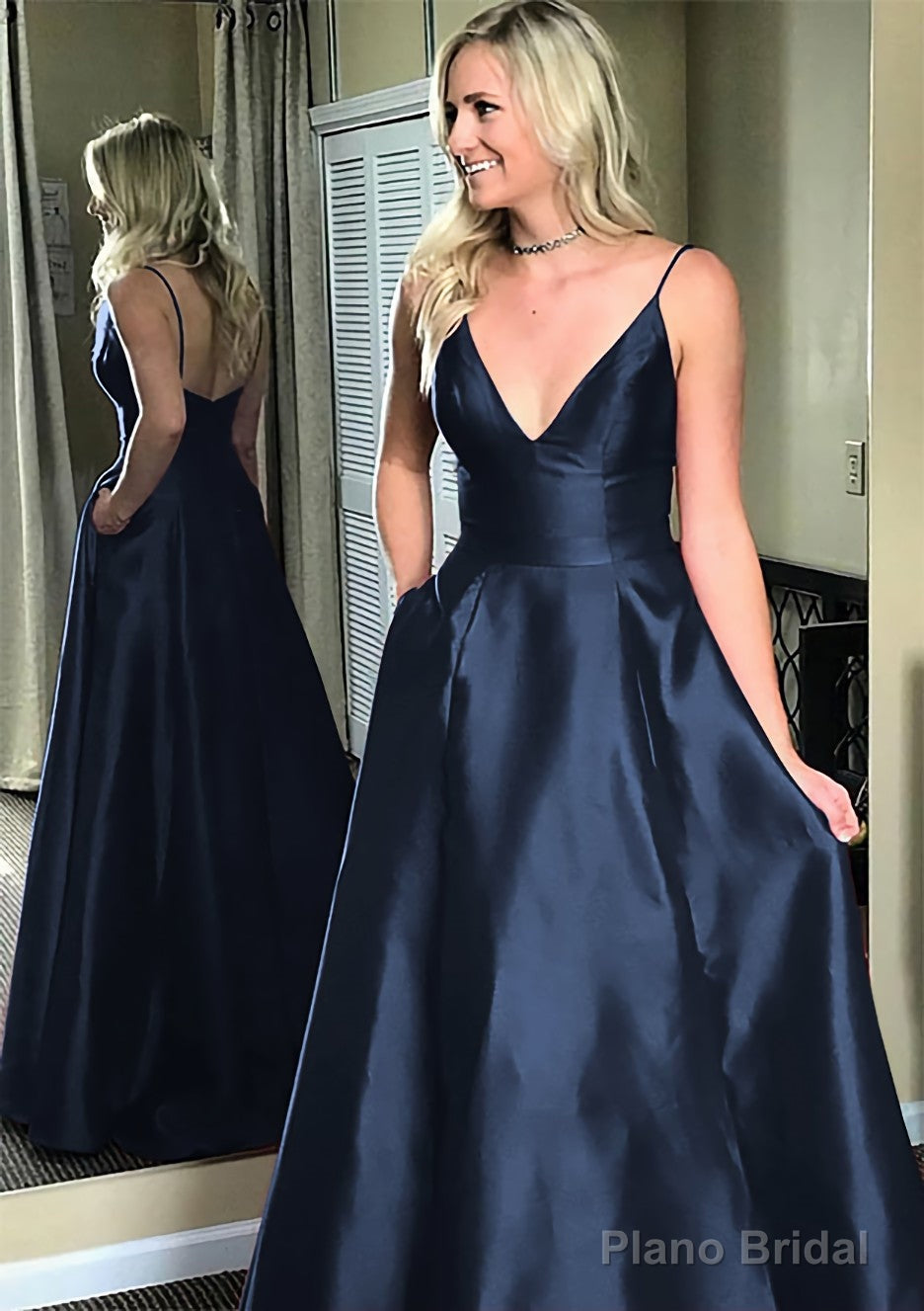 A-line/Princess V Neck Sleeveless Sweep Train Satin Prom Dresses Secondary image