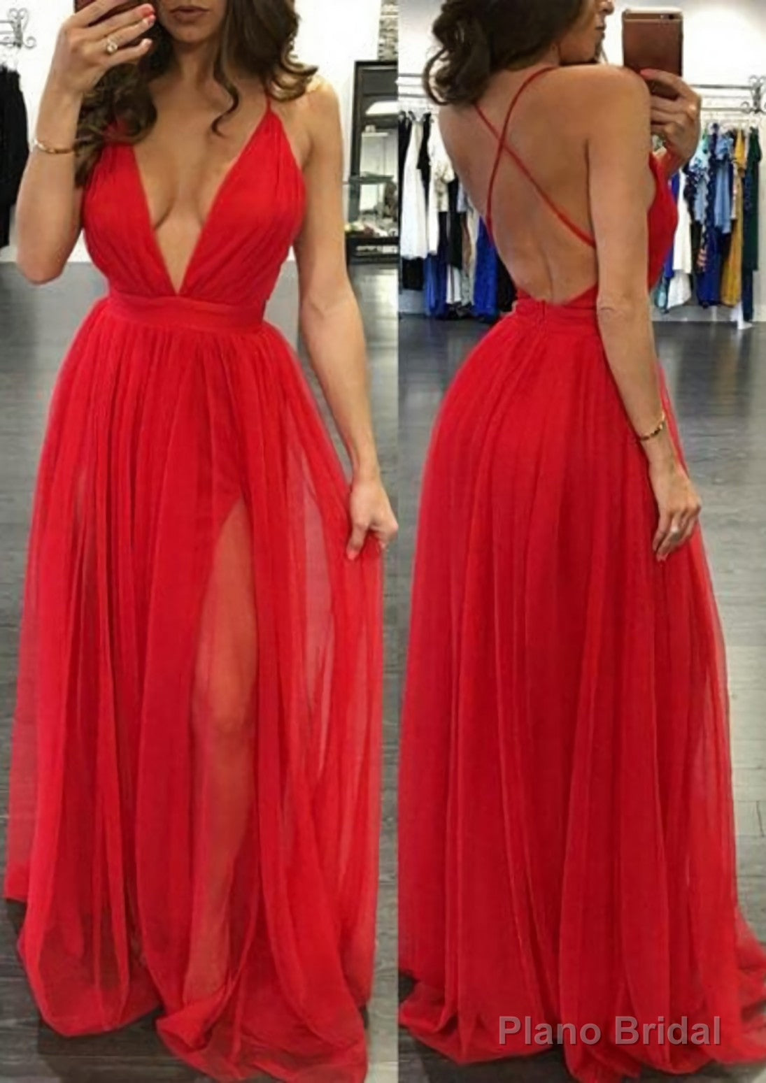 A-line/Princess V Neck Sleeveless Sweep Train Tulle Prom Dresses Main image