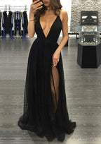 A-line/Princess V Neck Sleeveless Sweep Train Tulle Prom Dresses