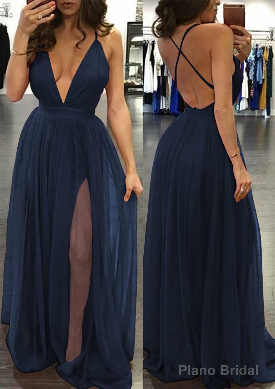 A-line/Princess V Neck Sleeveless Sweep Train Tulle Prom Dresses Secondary image