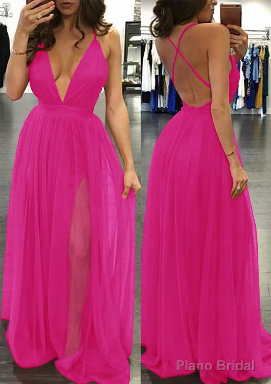A-line/Princess V Neck Sleeveless Sweep Train Tulle Prom Dresses