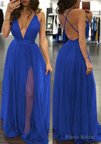 A-line/Princess V Neck Sleeveless Sweep Train Tulle Prom Dresses