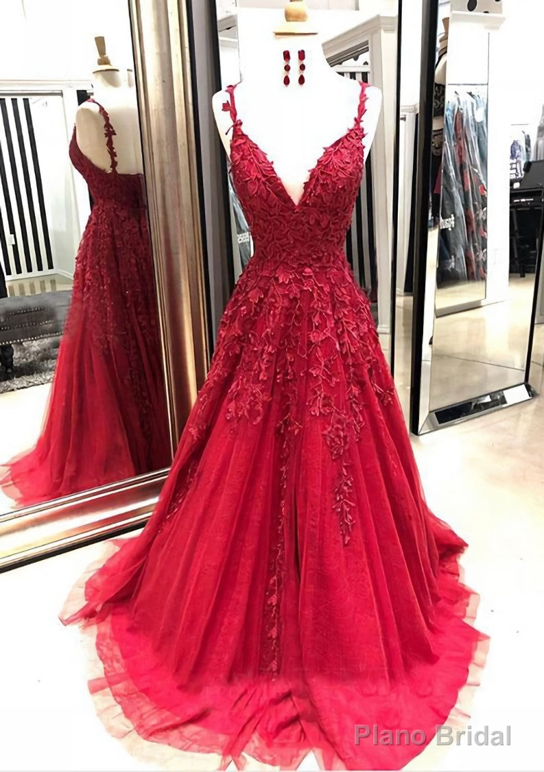 A-line/Princess V Neck Sleeveless Sweep Train Tulle Prom Dresses With Appliqued Main image