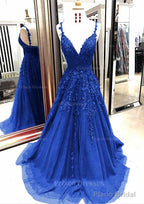 A-line/Princess V Neck Sleeveless Sweep Train Tulle Prom Dresses With Appliqued