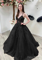 A-line Princess V Neck Sleeveless Sweep Train Tulle Prom Dresses With Appliqued Beading Lace