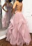 A-line Princess V Neck Sleeveless Tulle Long/Floor-Length Prom Dresses With Pleated