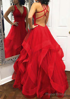 A-line Princess V Neck Sleeveless Tulle Long/Floor-Length Prom Dresses With Pleated