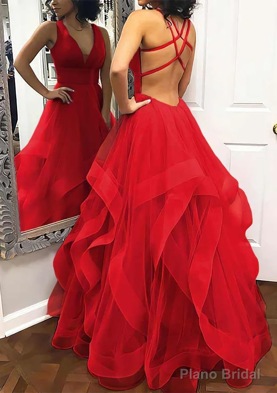 A-line Princess V Neck Sleeveless Tulle Long/Floor-Length Prom Dresses With Pleated