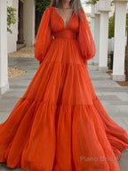 A-Line/Princess V-neck Sweep Train 30D Chiffon Prom Dresses With Pleated