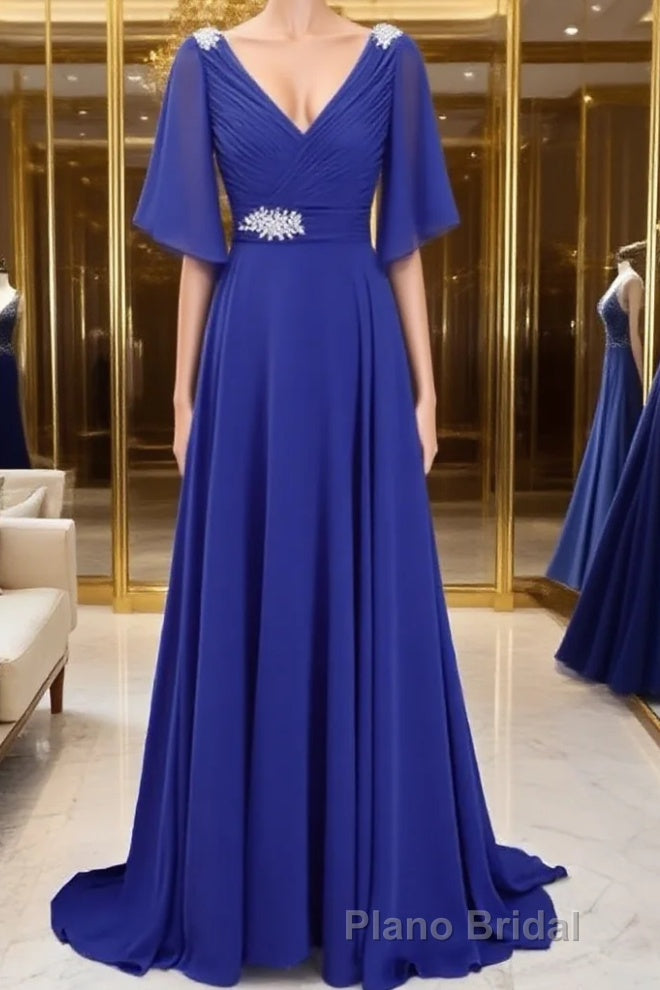 A-Line/Princess V-neck Sweep Train Chiffon Mother of the Bride Dresses With Beading Main image