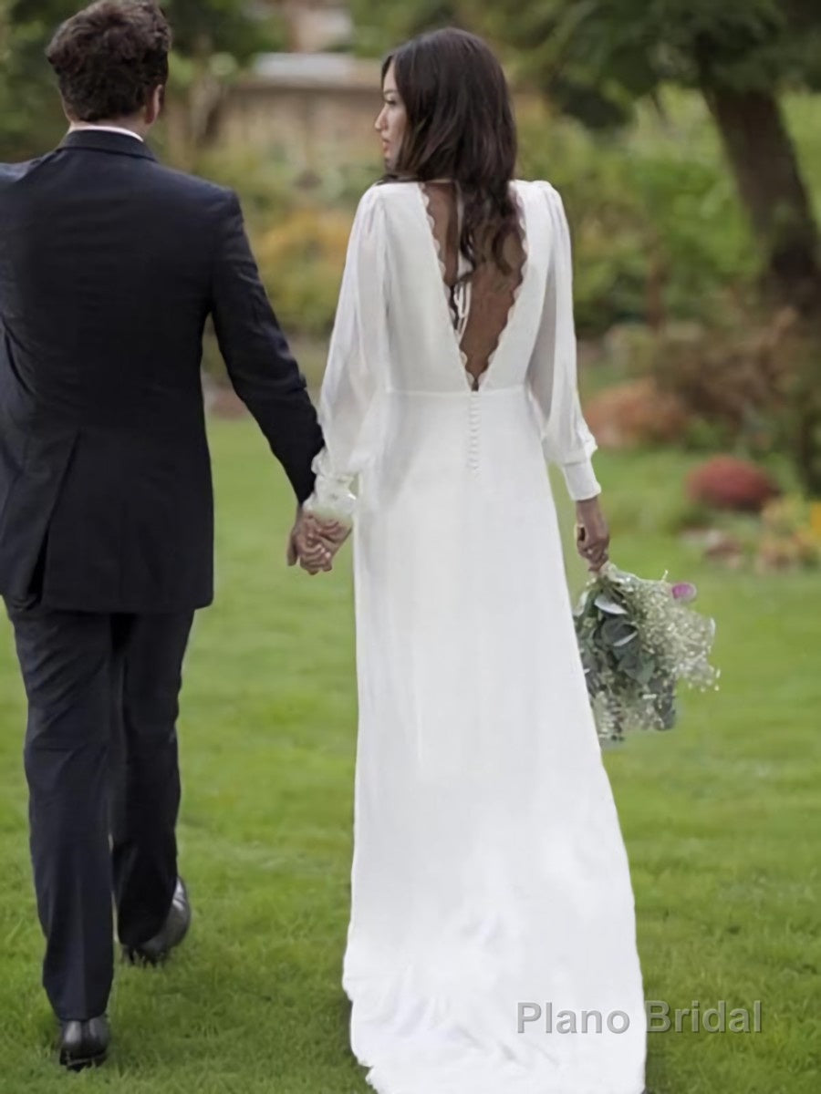 A-Line/Princess V-neck Sweep Train Chiffon Wedding Dresses Secondary image