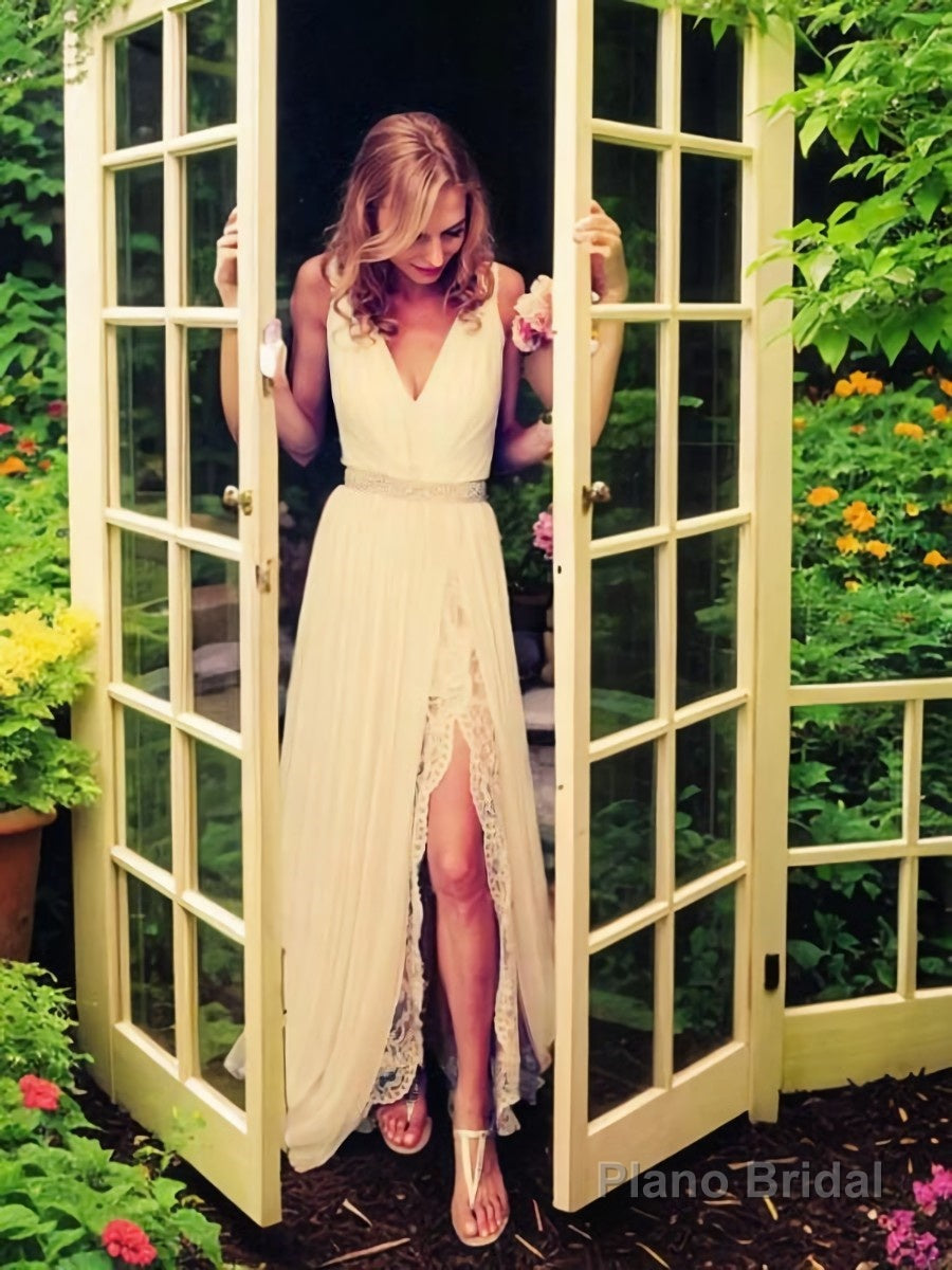 A-Line/Princess V-neck Sweep Train Chiffon Wedding Dresses With Leg Slit Main image