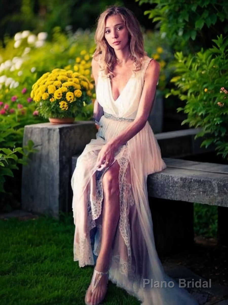 A-Line/Princess V-neck Sweep Train Chiffon Wedding Dresses With Leg Slit Secondary image