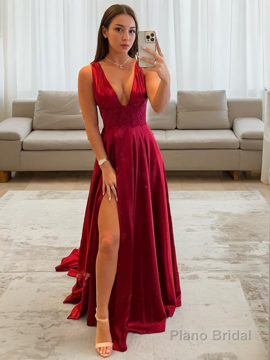 A-Line/Princess V-neck Sweep Train Elastic Woven Satin Evening Dresses With Leg Slit Main image