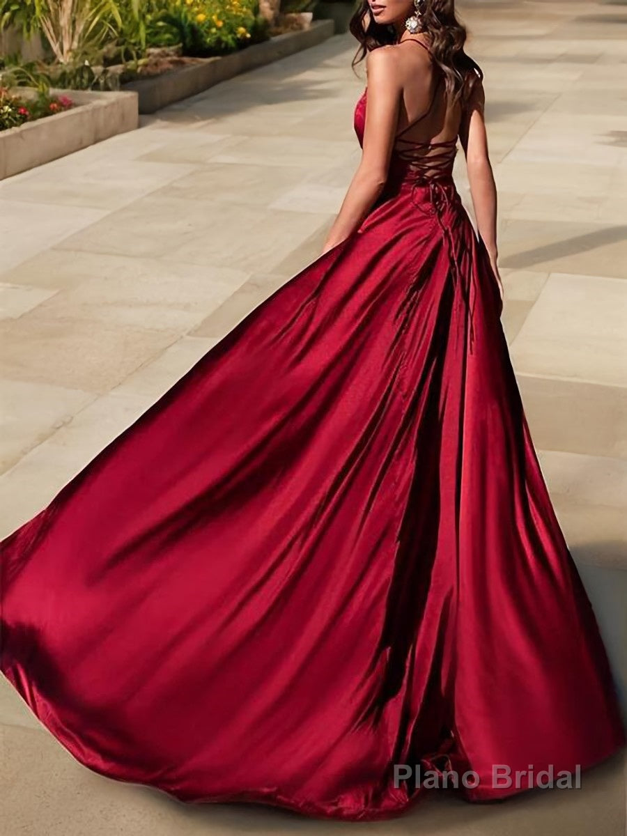 A-Line/Princess V-neck Sweep Train Elastic Woven Satin Evening Dresses With Leg Slit Secondary image