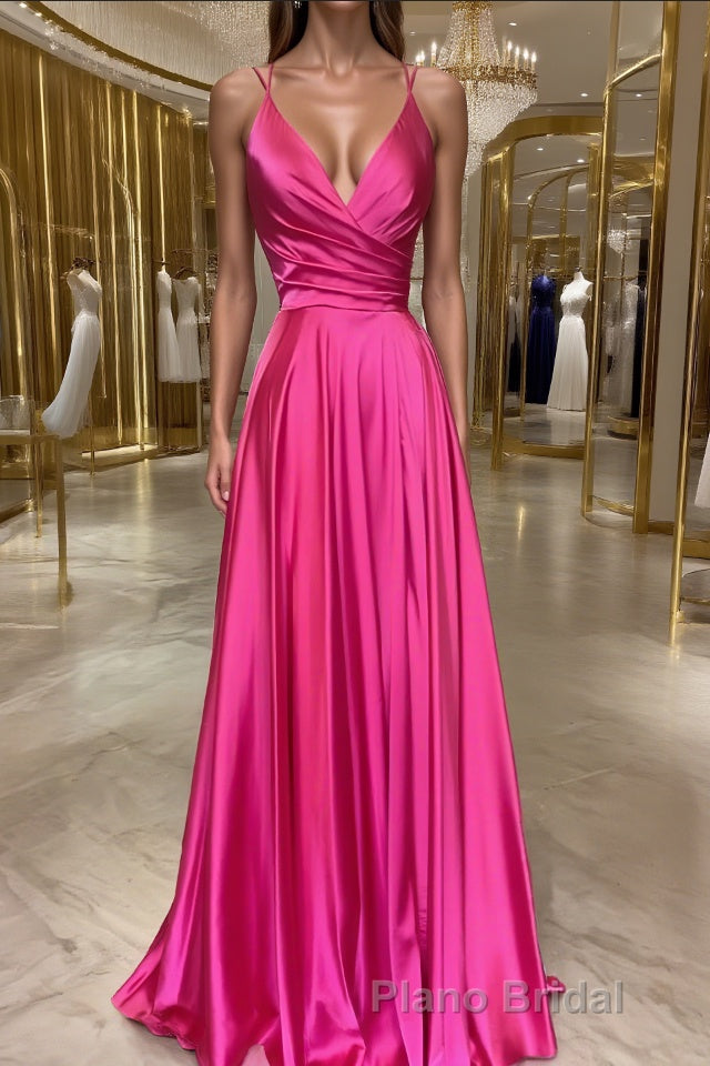 A-Line/Princess V-neck Sweep Train Elastic Woven Satin Formal Prom Dresses