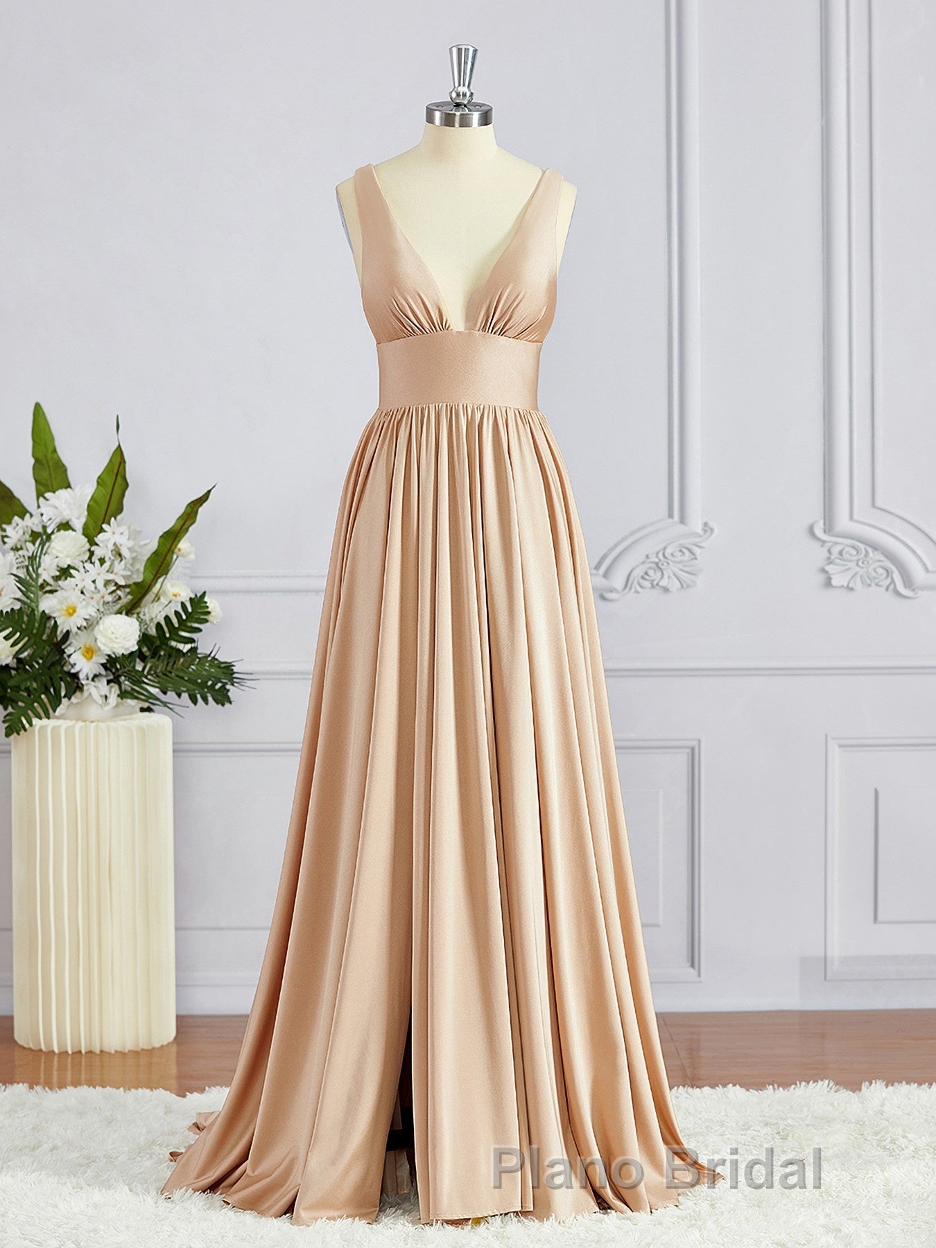 A-Line/Princess V-neck Sweep Train Jersey Bridesmaid Dresses with Leg Slit Secondary image
