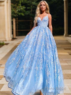 A-Line/Princess V-neck Sweep Train Lace Prom Dresses With Appliques Lace
