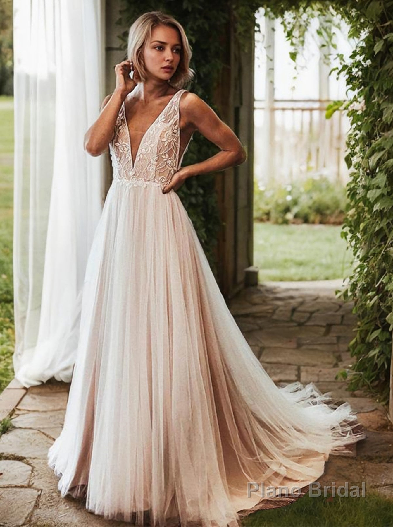 A-Line/Princess V-neck Sweep Train Lace Wedding Dresses Main image