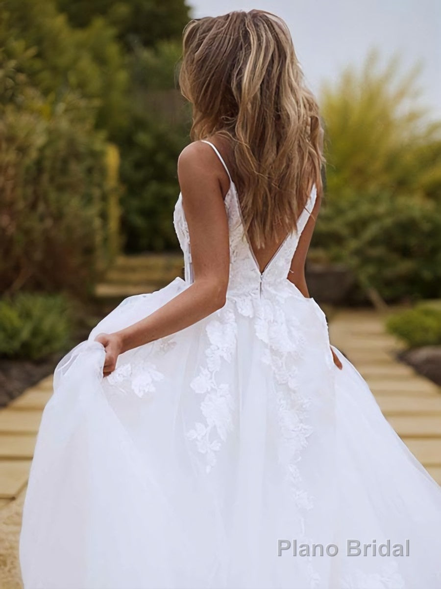 A-Line/Princess V-neck Sweep Train Lace Wedding Dresses With Appliques Lace Secondary image