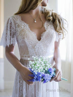 A-Line/Princess V-neck Sweep Train Lace Wedding Dresses With Appliques Lace
