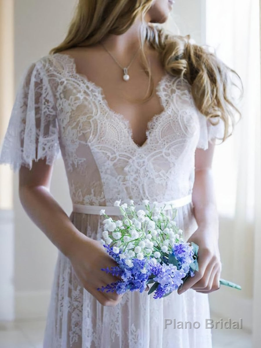 A-Line/Princess V-neck Sweep Train Lace Wedding Dresses With Appliques Lace