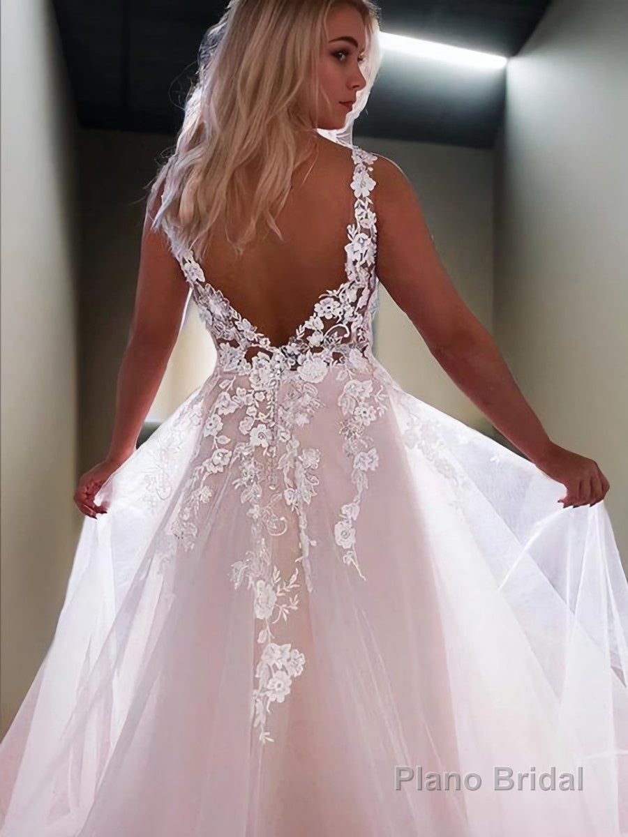 A-Line/Princess V-neck Sweep Train Lace Wedding Dresses With Appliques Lace Secondary image