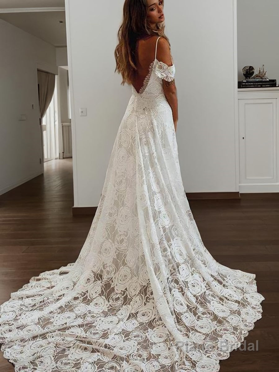 A-Line/Princess V-neck Sweep Train Lace Wedding Dresses With Leg Slit Main image