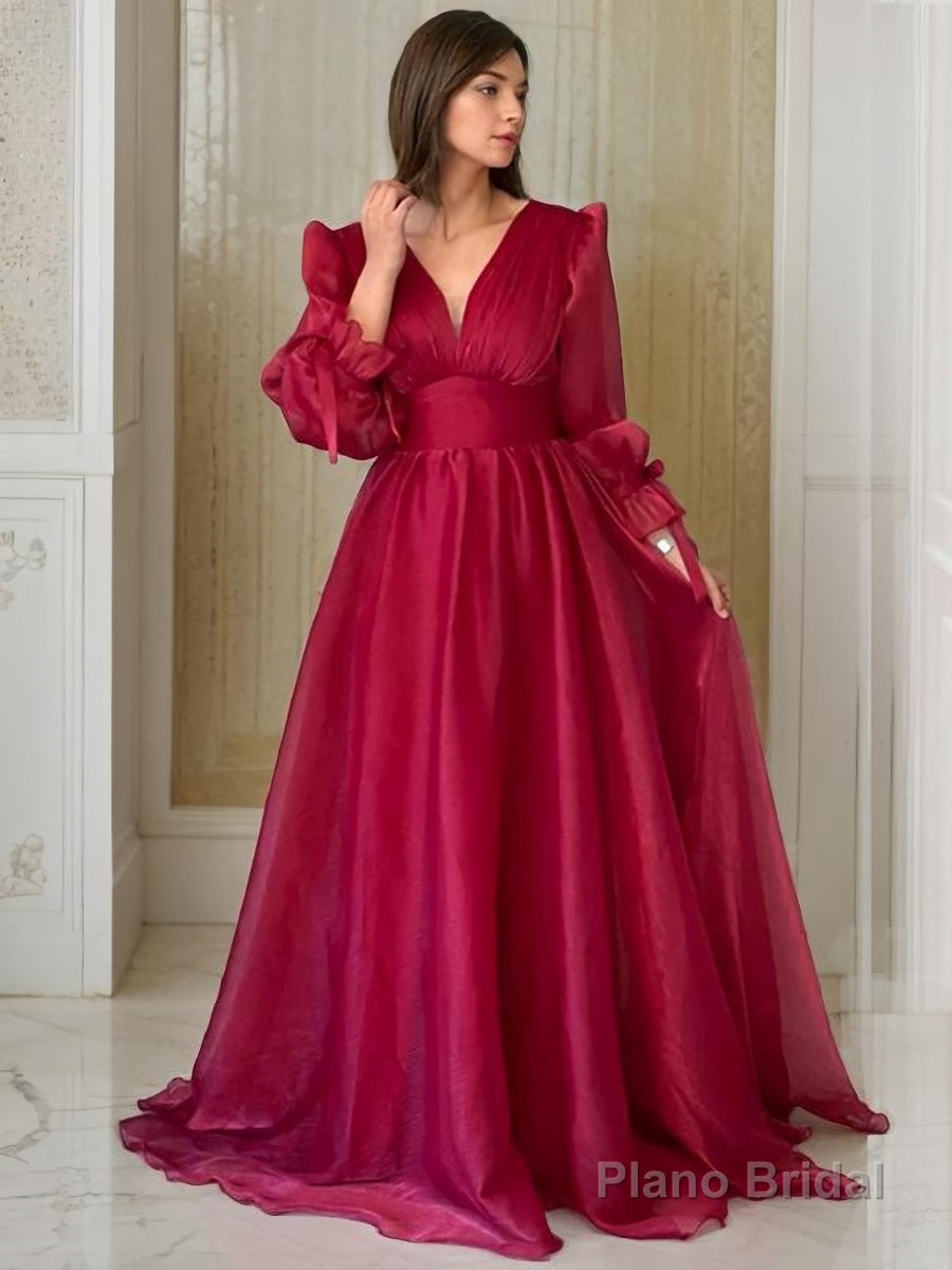 A-Line/Princess V-neck Sweep Train Organza Evening Dresses With Ruffles Main image
