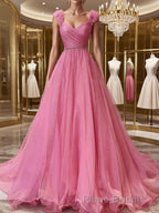 A-Line/Princess V-neck Sweep Train Organza Formal Prom Dresses With Ruffles