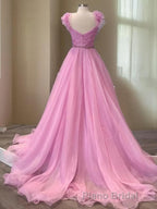 A-Line/Princess V-neck Sweep Train Organza Formal Prom Dresses With Ruffles