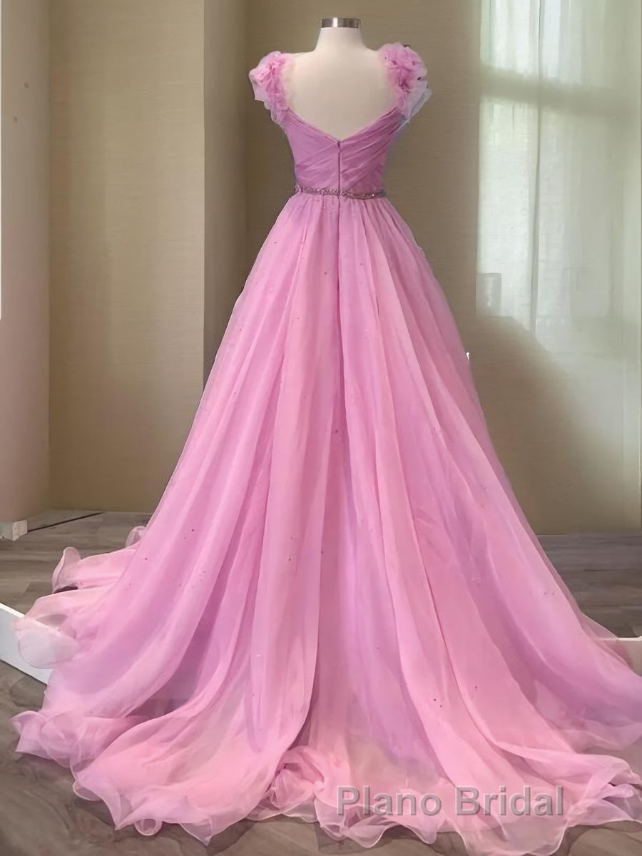 A-Line/Princess V-neck Sweep Train Organza Formal Prom Dresses With Ruffles