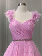 A-Line/Princess V-neck Sweep Train Organza Formal Prom Dresses With Ruffles