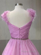 A-Line/Princess V-neck Sweep Train Organza Formal Prom Dresses With Ruffles