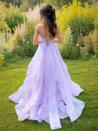 A-Line/Princess V-neck Sweep Train Prom Dresses