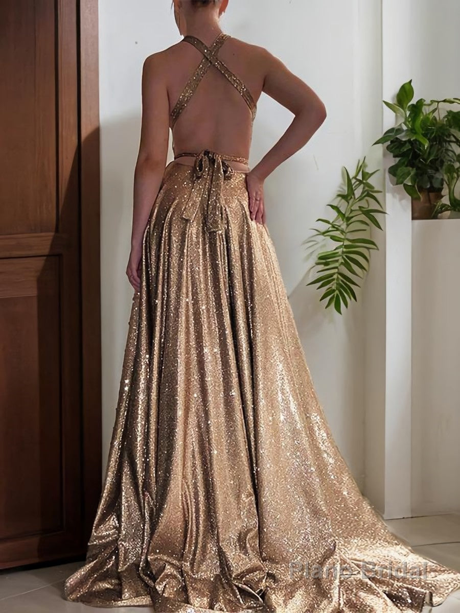 A-Line/Princess V-neck Sweep Train Prom Dresses With Leg Slit Secondary image