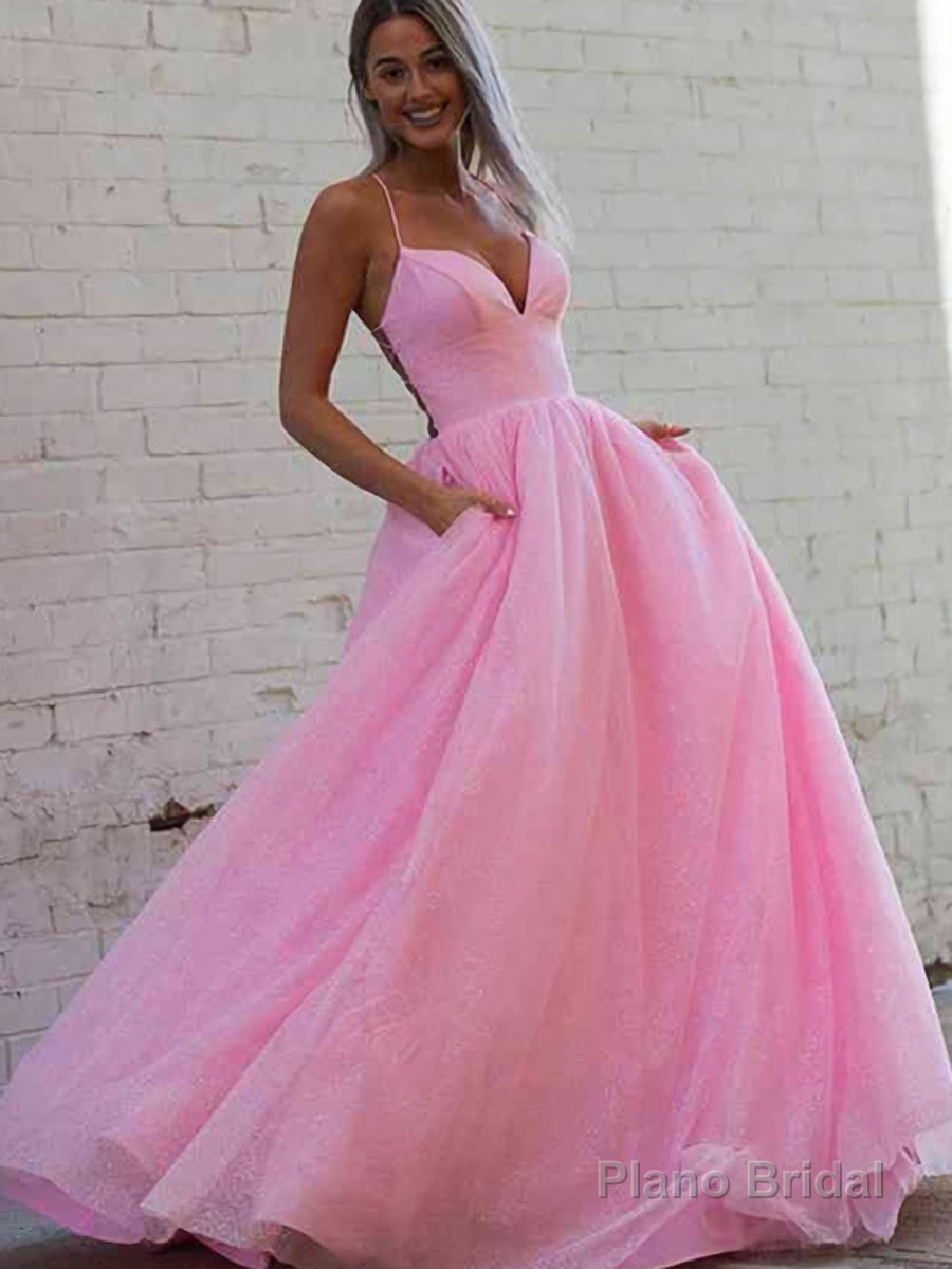 A-Line/Princess V-neck Sweep Train Prom Dresses With Pockets Secondary image