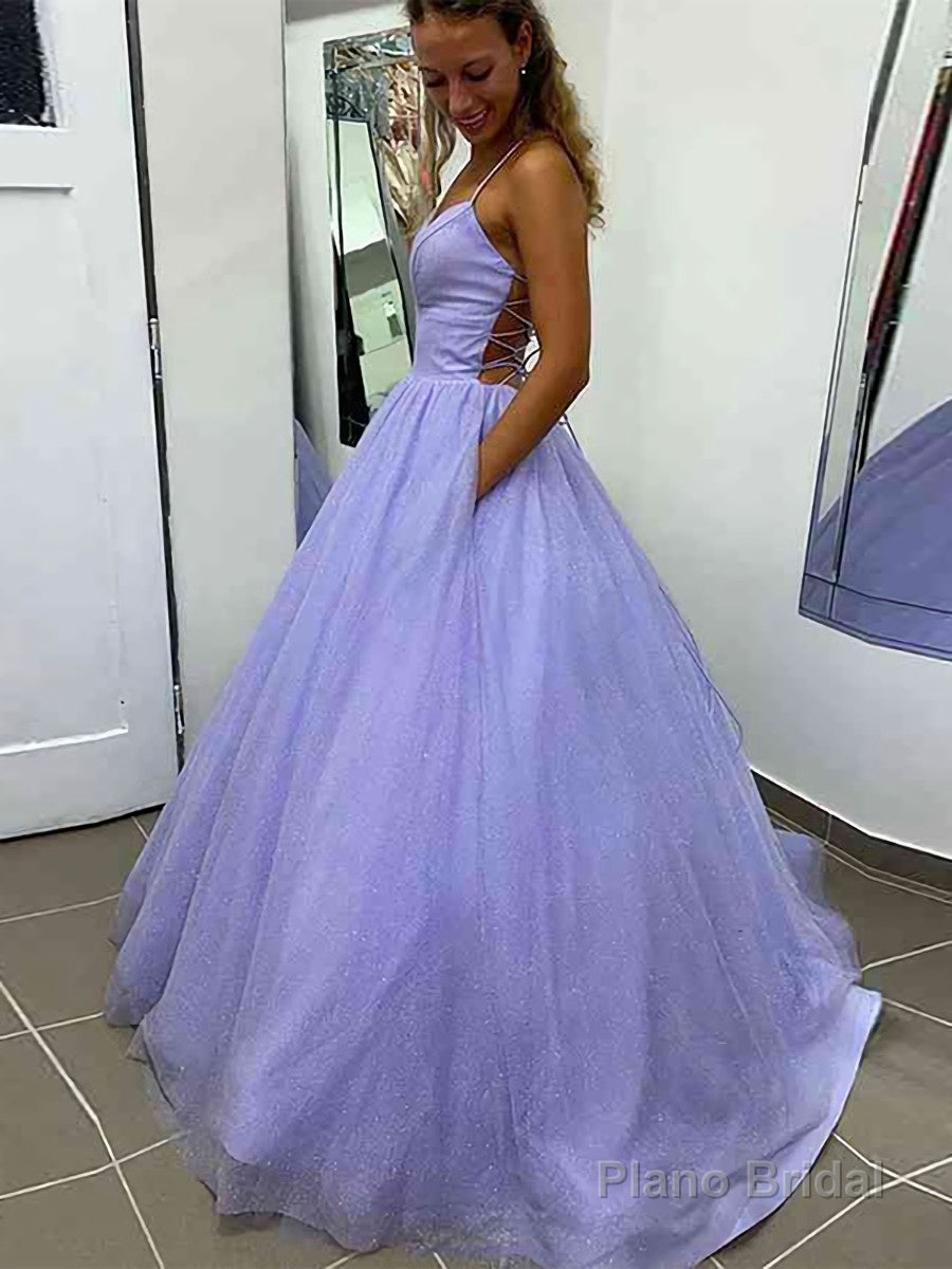A-Line/Princess V-neck Sweep Train Prom Dresses With Pockets