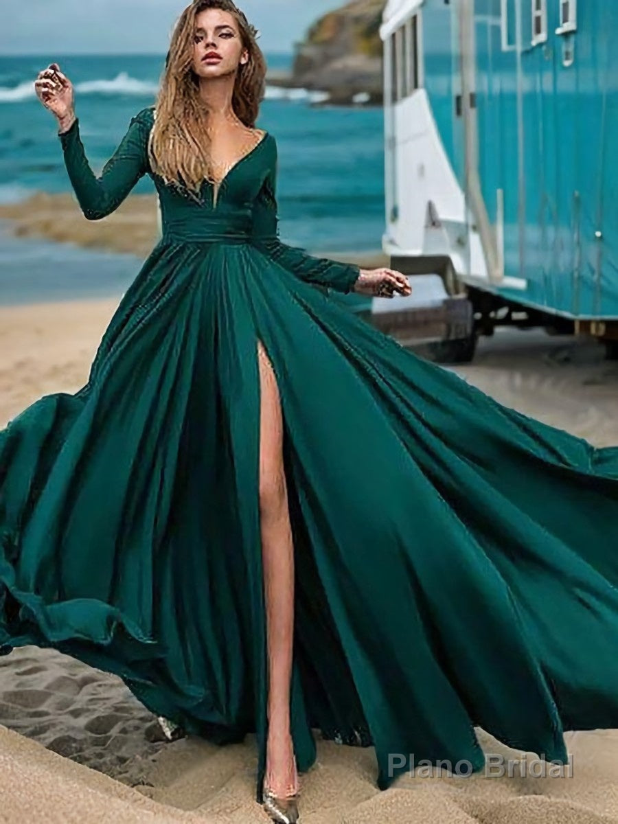 A-Line/Princess V-neck Sweep Train Satin Chiffon Prom Dresses With Leg Slit Main image