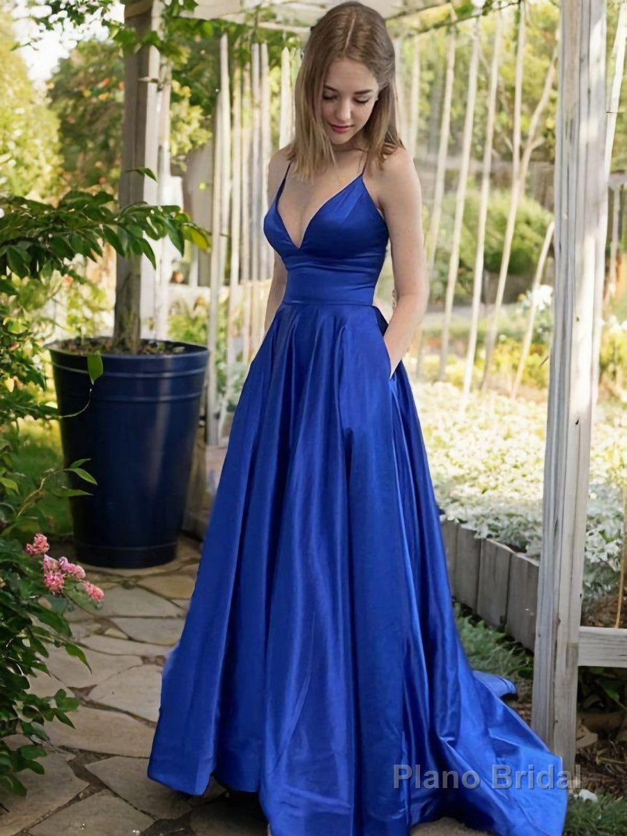 A-Line/Princess V-neck Sweep Train Satin Prom Dresses With Pockets Main image