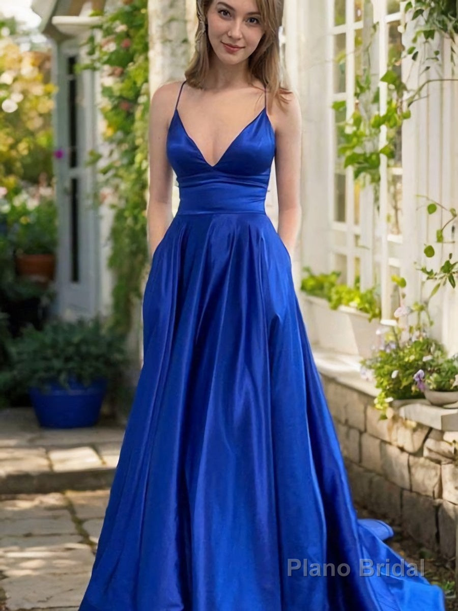 A-Line/Princess V-neck Sweep Train Satin Prom Dresses With Pockets Secondary image