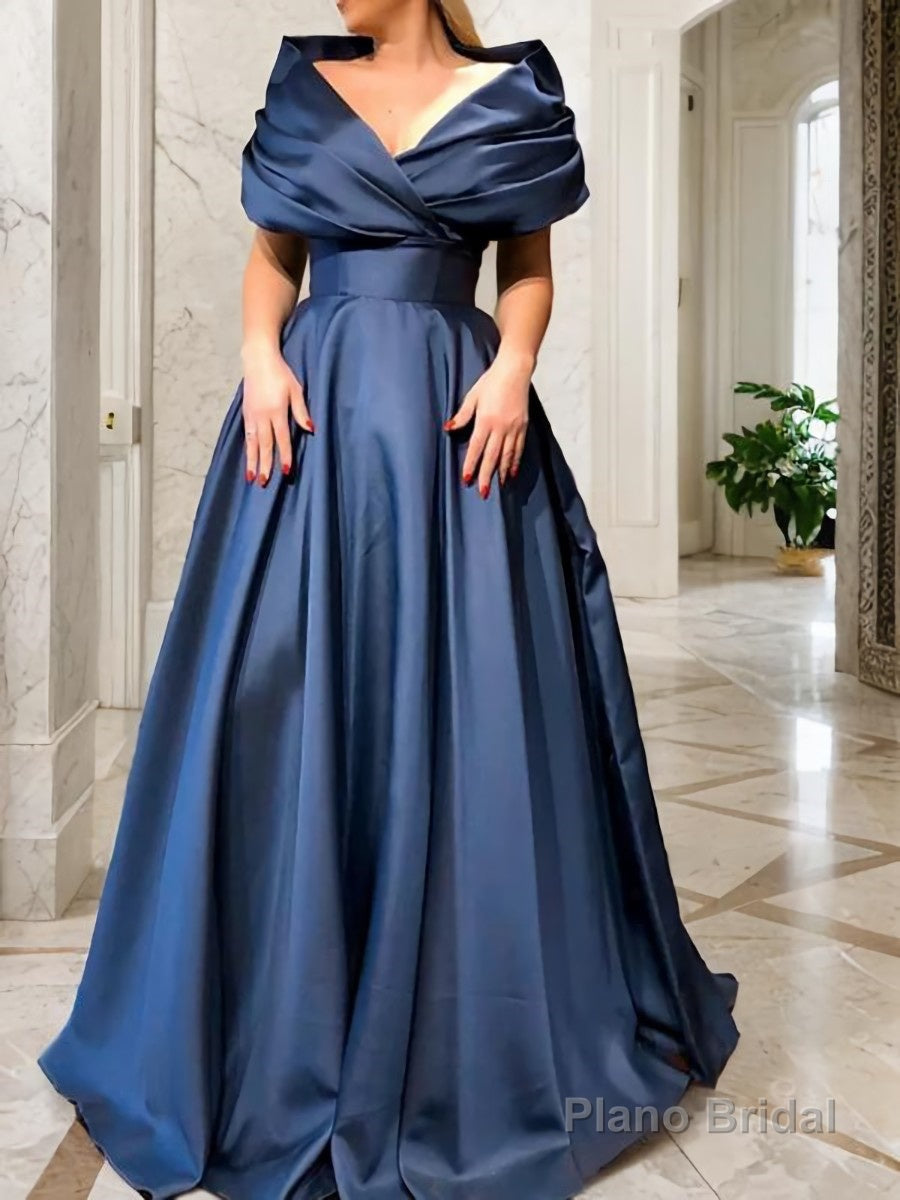A-Line/Princess V-neck Sweep Train Satin Prom Dresses With Ruffles Main image