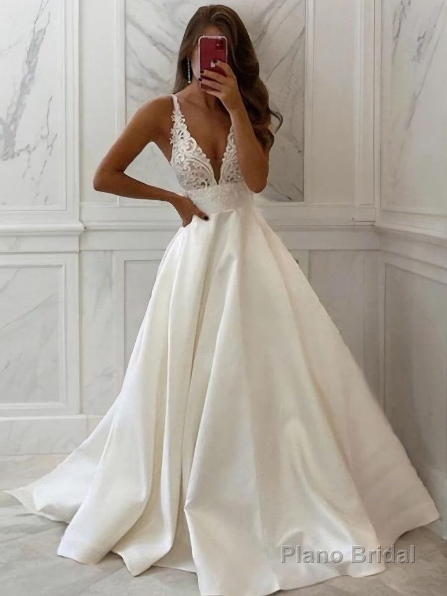A-Line/Princess V-neck Sweep Train Satin Wedding Dresses Main image