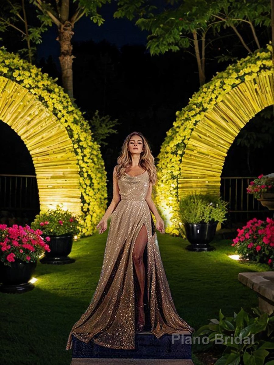 A-Line/Princess V-neck Sweep Train Sequins Evening Dresses With Leg Slit Secondary image